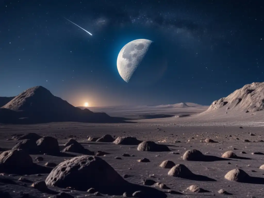 Imagen nocturna 8k de asteroide frente a la luna: Exploración de asteroides desde la Tierra