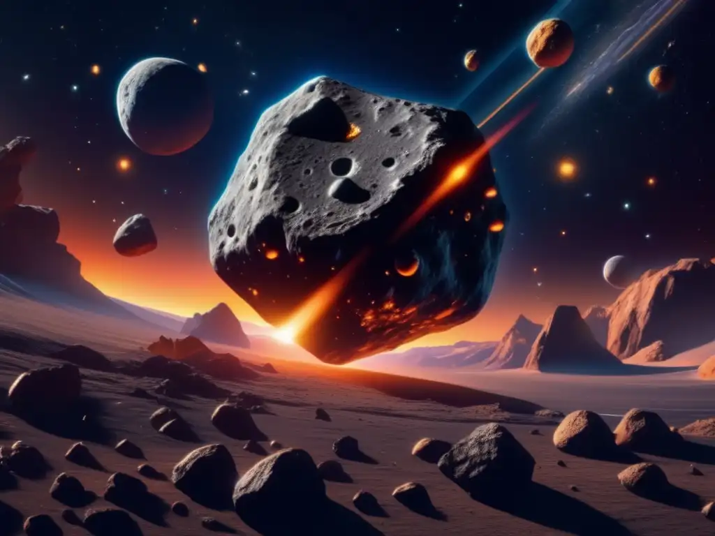 Imagen: Órbita de lunas asteroides, cautivante mundo cósmico con vibrantes colores y detalles ultradetallados, enigmática belleza espacial
