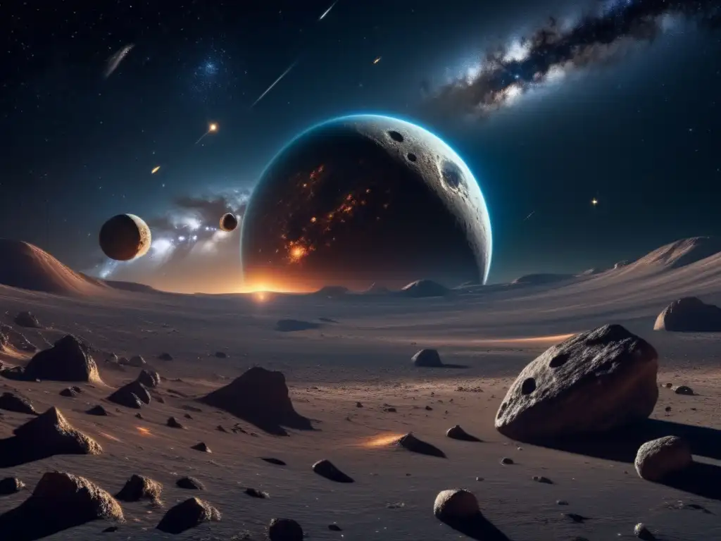 Imagen: Órbitas de asteroides peligrosos en el espacio, con estrellas brillantes, asteroide amenazante y nave espacial futurista