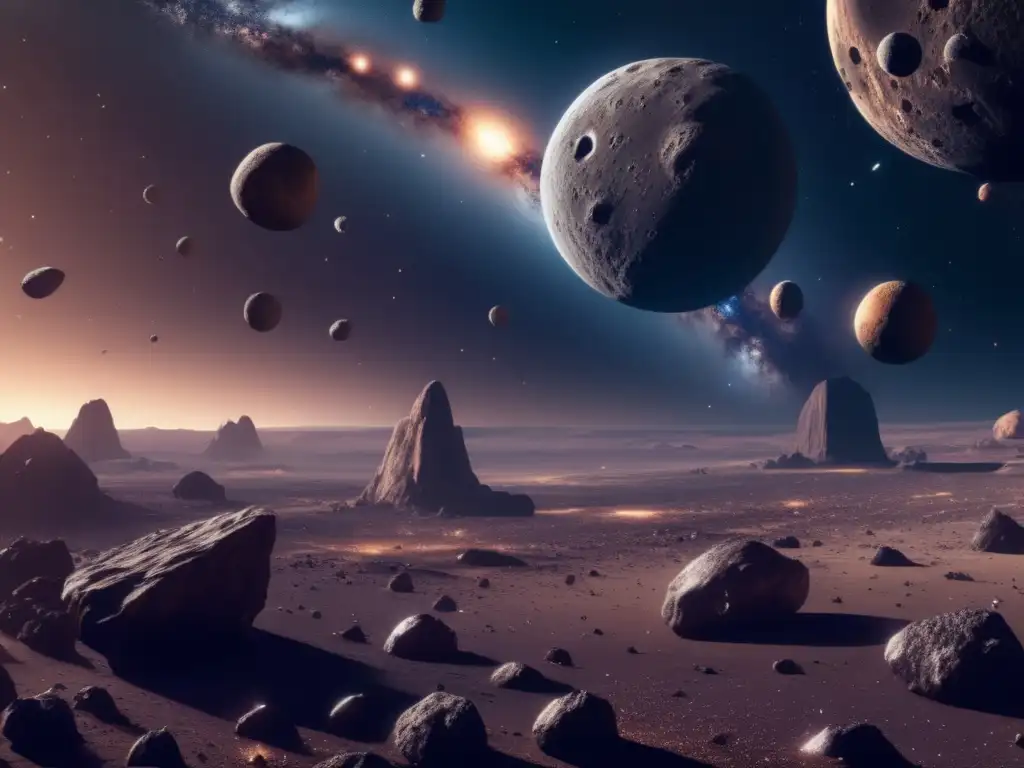 Imagen 8k de paisaje cósmico con asteroides diversos y valiosos