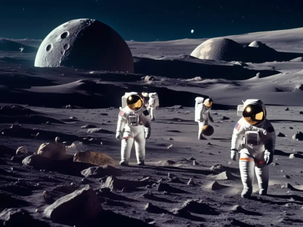 Una imagen de paisaje lunar con astronautas recolectando muestras, destacando la misión de NASA para revolucionar la agricultura con asteroides