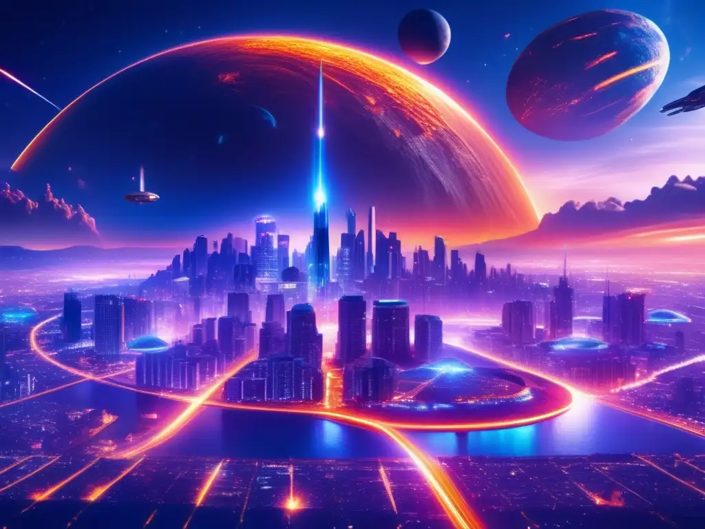 Imagen: Panorama nocturno de ciudad futurista con campo de fuerza, asteroide en camino - Alerta temprana asteroides peligrosos