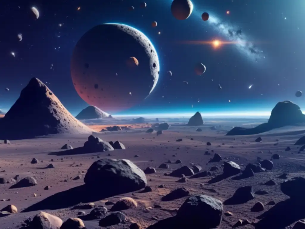 Imagen de gestión de recursos asteroides en el espacio, con asteroides vibrantes y una nave espacial recolectando minerales