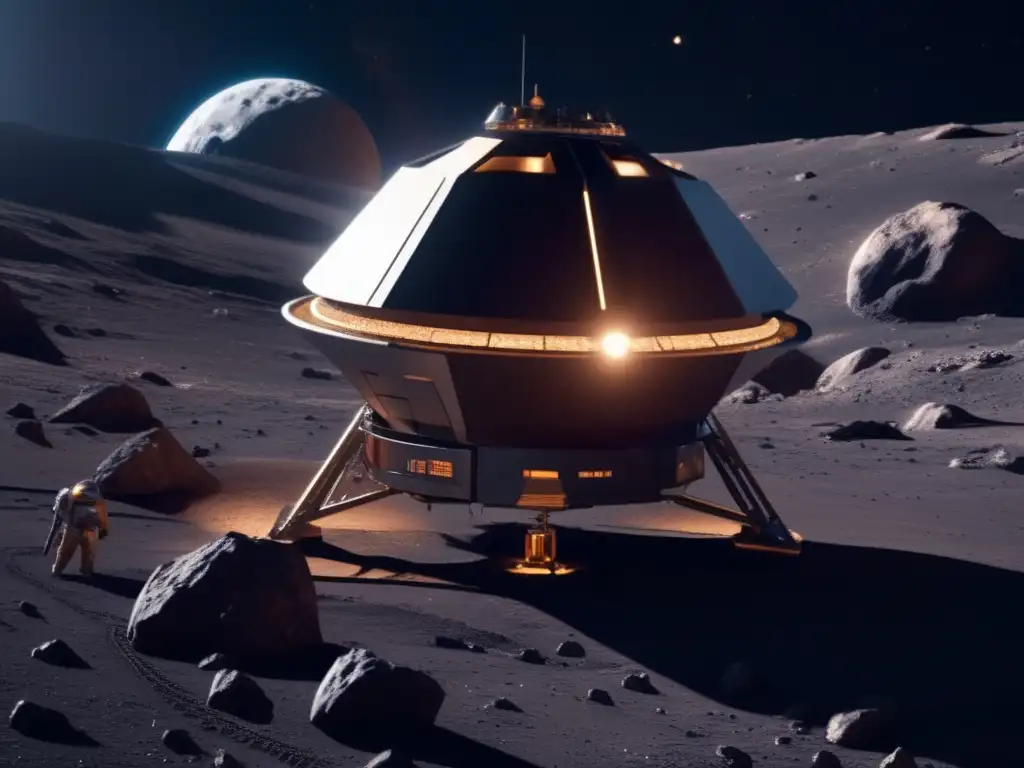 Imagen de sonda espacial futurista acercándose a asteroide, con tecnología minera avanzada y paisaje rocoso iluminado por el Sol
