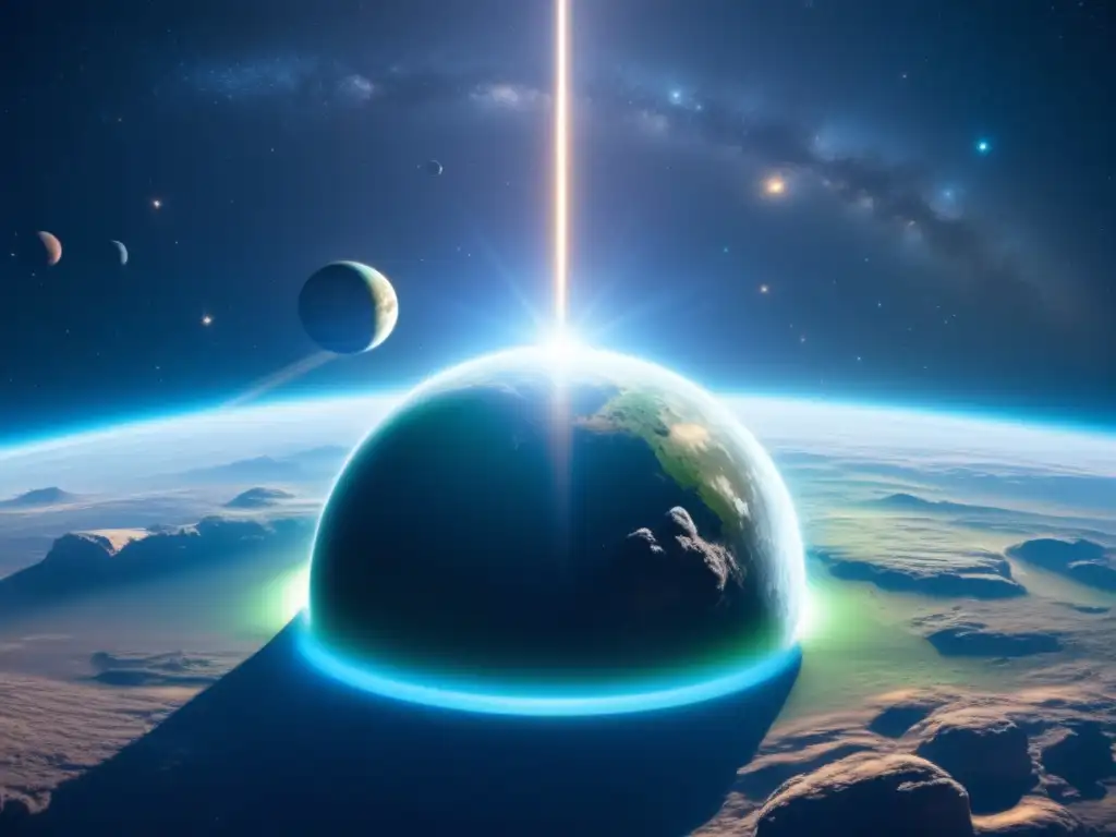 Imagen 8k con la Tierra rodeada de cuerpos celestiales y un asteroide amenazante
