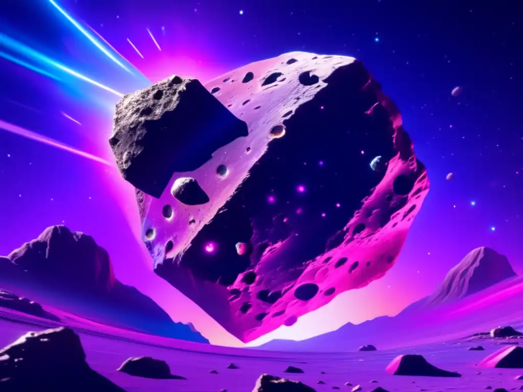Un impactante asteroide flotando en el espacio rodeado de una nebulosa vibrante, con una nave espacial futurista y herramientas mineras avanzadas