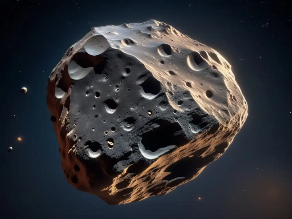 Un impactante asteroide en el espacio: textura rugosa, cráteres visibles y bordes irregulares
