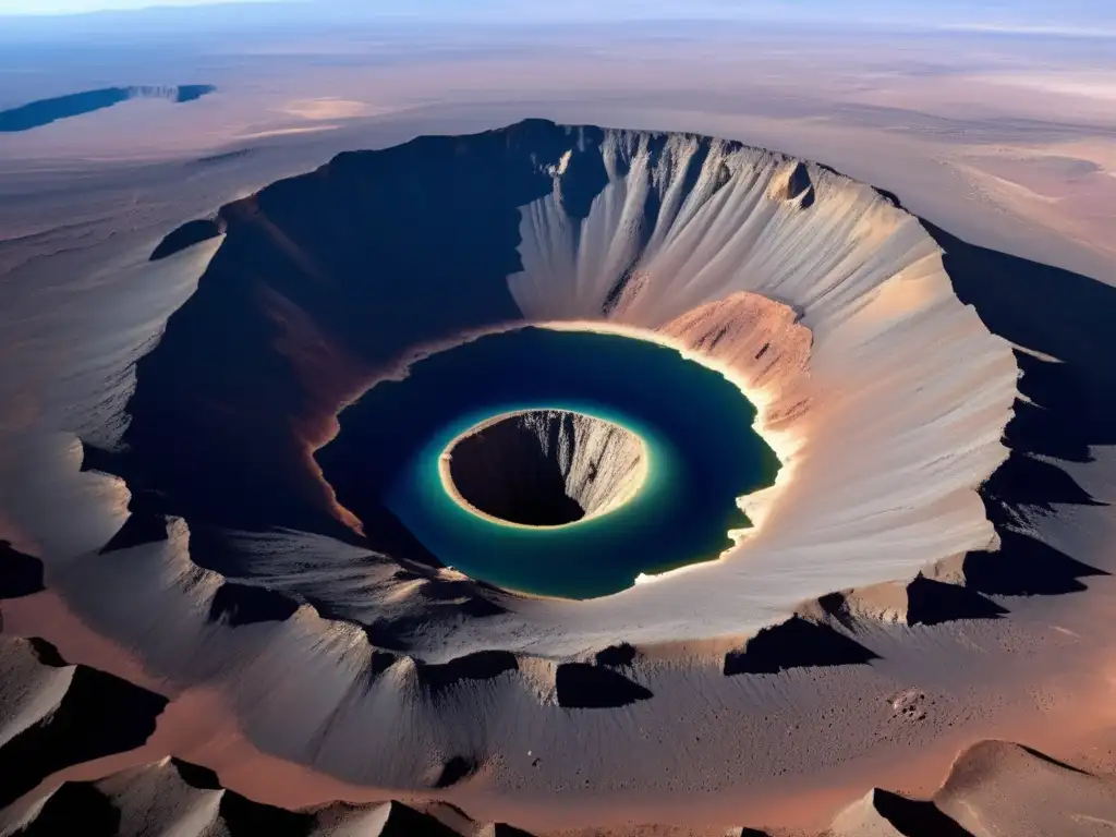 Fotografía impactante de un cráter causado por asteroide irregular, con paisaje marciano y colores terrosos
