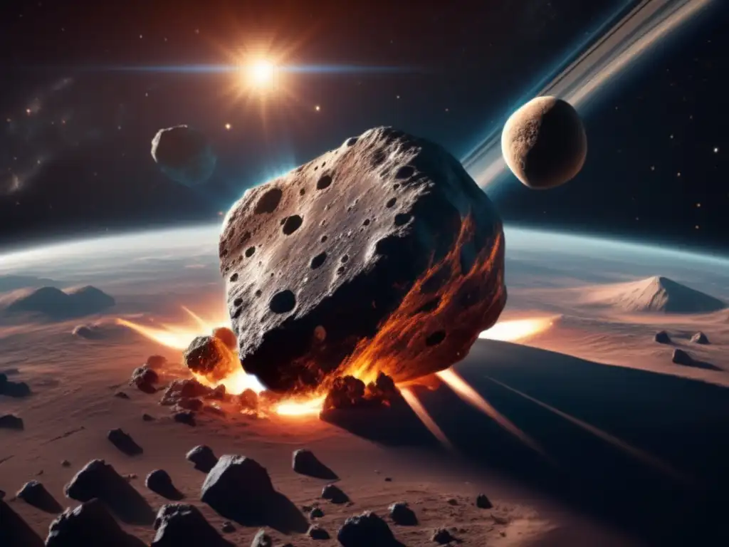 Impactante imagen 8k de asteroide amenazante hacia la Tierra, resaltando detalles y texturas