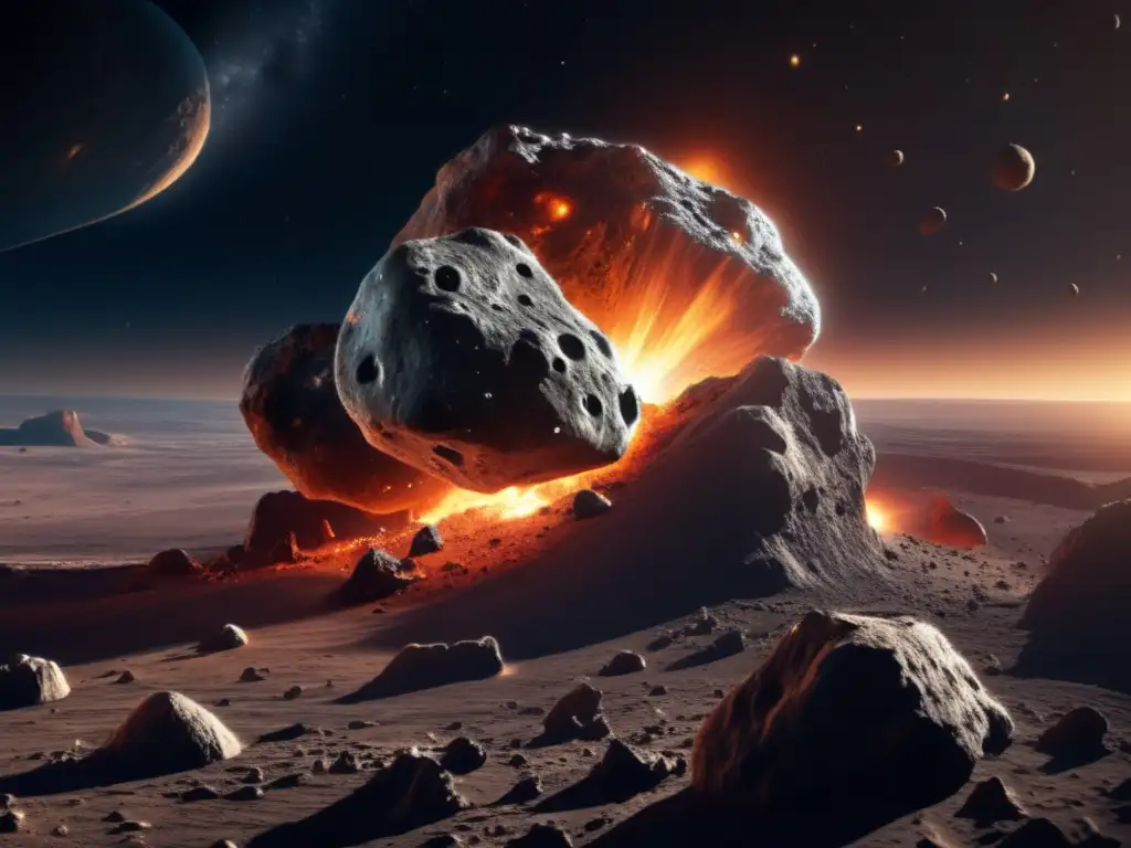 Impactante imagen en 8k de asteroide masivo en espacio, con detalles asombrosos, cráteres profundos y minerales metálicos