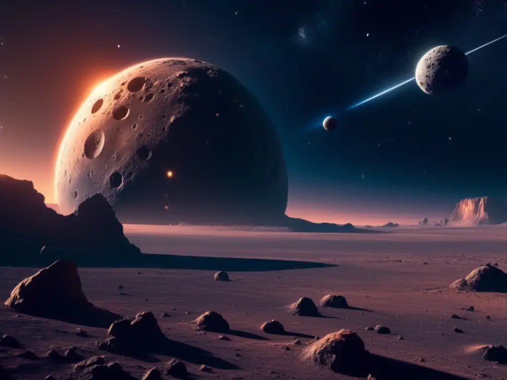 Impactante imagen cinematográfica de un vasto espacio estrellado con un asteroide imponente y una sonda espacial futurista