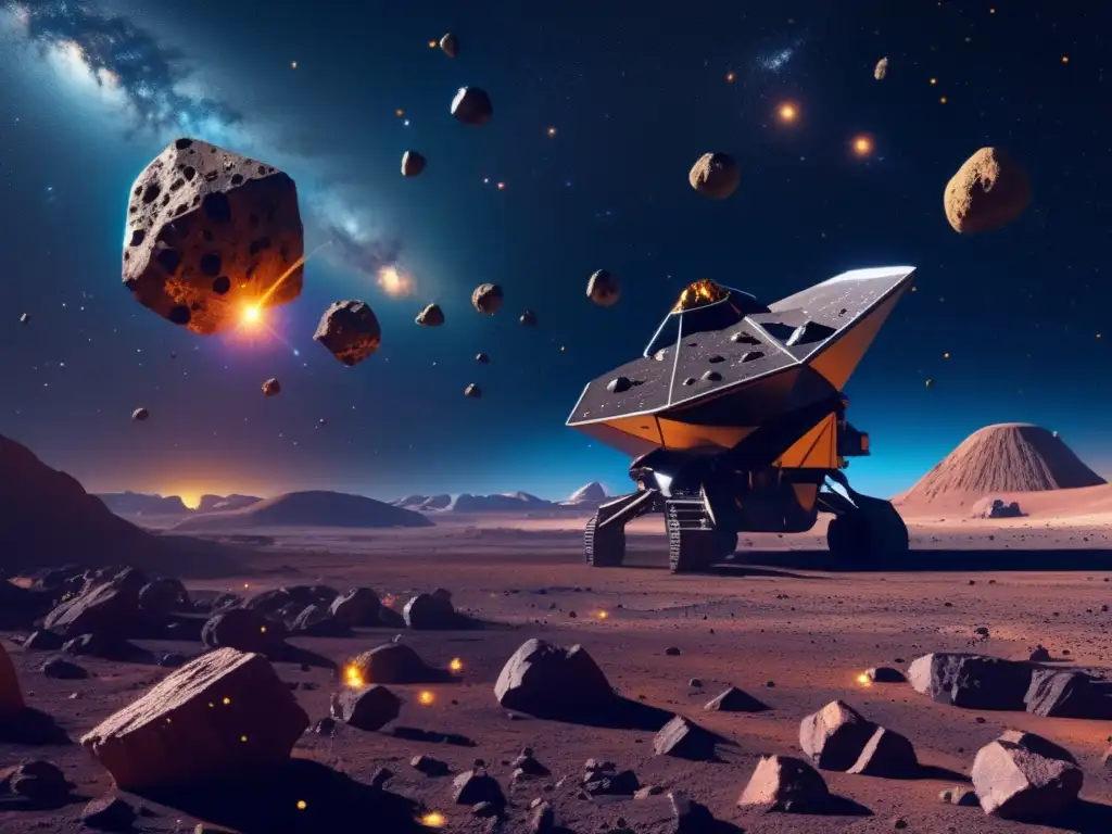 Impacto ambiental minería asteroides: vista impresionante de 8k del espacio con asteroides y maquinaria minera