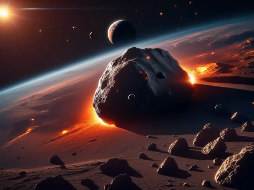 Preparación para impacto de asteroide: asombrosa imagen 8k ultra detallada de un masivo asteroide acercándose a la Tierra, revelando su superficie rocosa y sus cicatrices cósmicas