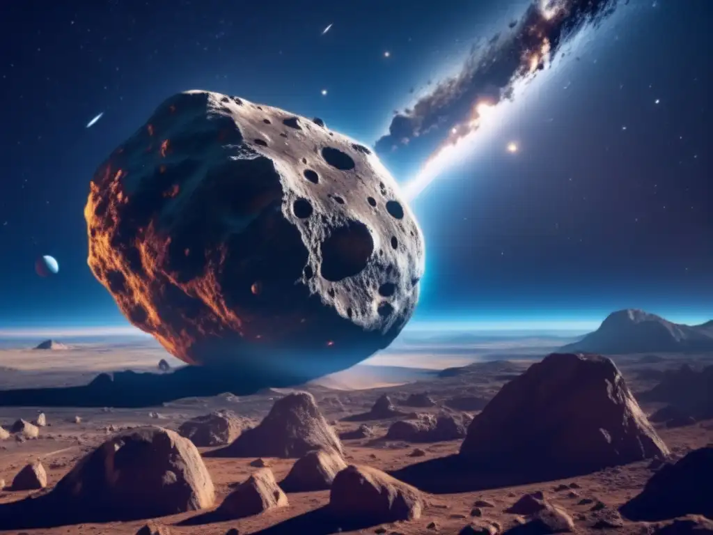 Impacto asteroide Tierra: asteroide 8k, amenazante, rocas, cráteres, cielo estrellado, Tierra azul, detalle y belleza frágil