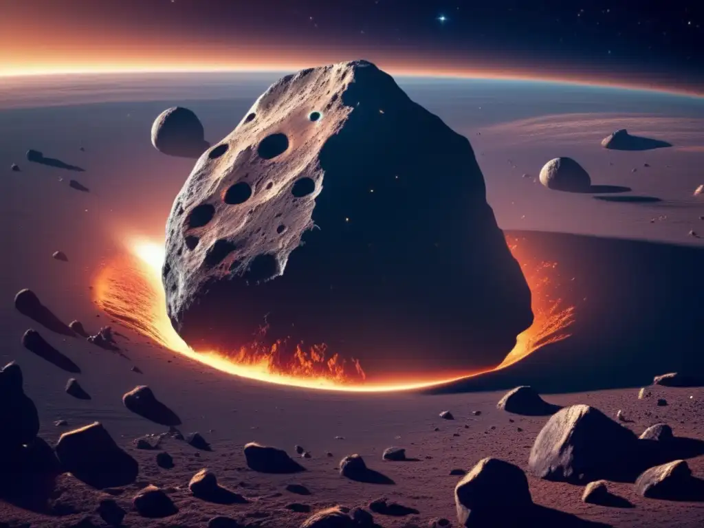 Preparación para impacto de asteroide: Asteroide masivo en el espacio con terreno rocoso y cráteres, rodeado de estrellas