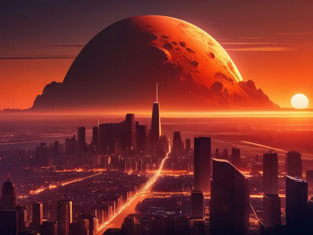 Impacto asteroide Tierra: ciudad atardecer, rascacielos iluminados, calles llenas, amenaza espacial