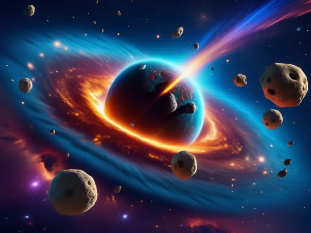 Impacto asteroide en Big Bang comprensión - Cosmos 8K con nebulosa vibrante, asteroides fragmentados y minerales preciosos