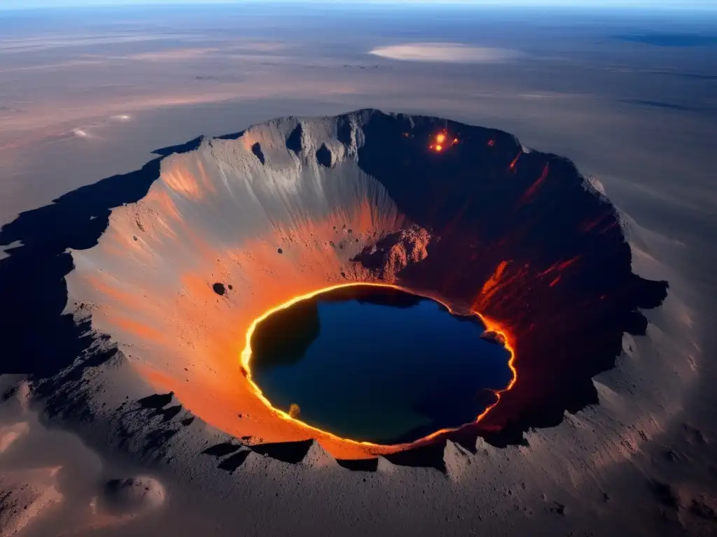 Impacto de asteroide: Cráter masivo, basalto burbujeante y devastación en la distancia