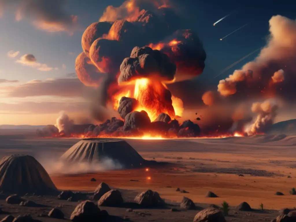 Impacto asteroide en extinción PérmicoTriásico: dramática imagen 8k del evento, con asteroide en llamas, cráter y destrucción