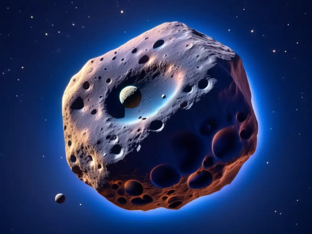 Impacto asteroide tierra exploración: imagen 8k de un asteroide transitando, con textura y movimiento, en un cielo indigo estrellado