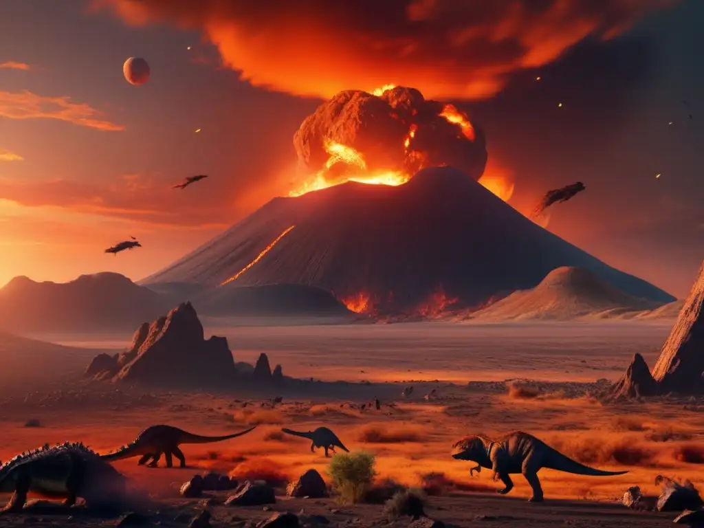 Impacto asteroide extinción PérmicoTriásico, paisaje desolado, huesos de criaturas extintas, cielo en llamas, magnitud del evento