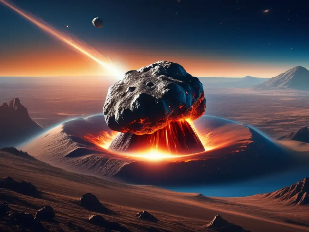 Impacto de asteroide: paisaje impactante con cráter y sistemas de monitoreo global