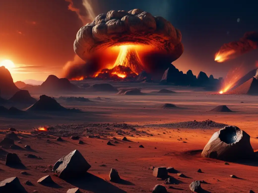 Impacto asteroide en extinción PérmicoTriásico: escena dramática de destrucción con halo de fuego, reptiles y plantas extintas