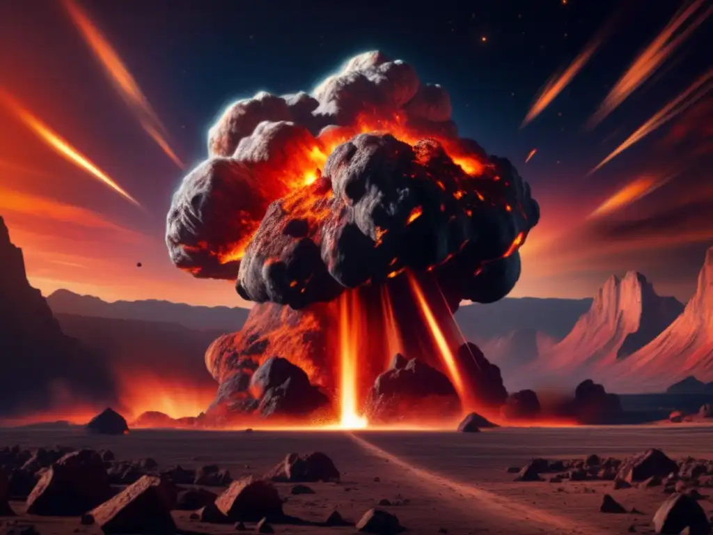 Impacto de asteroide en la Tierra: Asteroide masivo acercándose con fuego y escombros, mientras la Tierra se ve amenazada