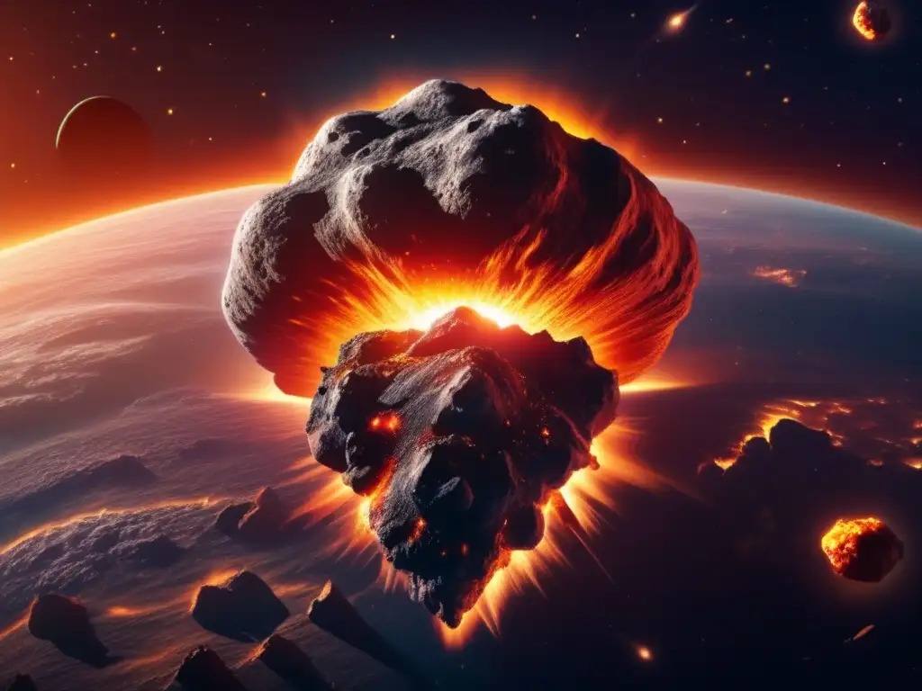 Impacto asteroide Tierra: Aterrador imagen 8k de asteroide gigante acercándose, rodeado de fuego, con vista aérea de la Tierra