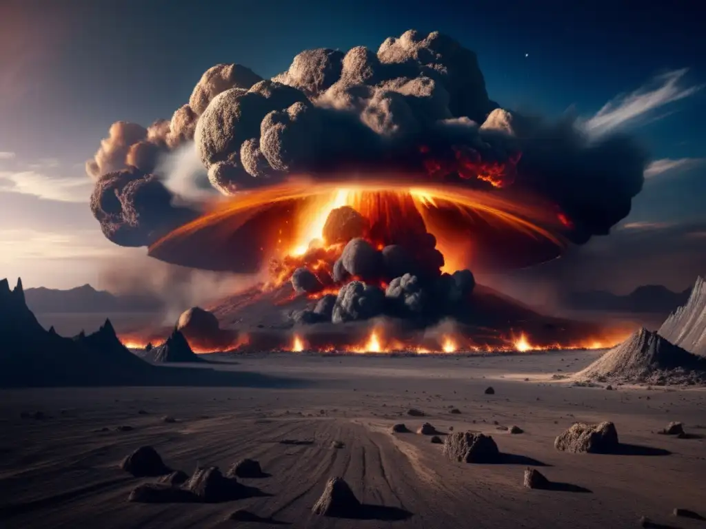 Impacto de asteroide en la Tierra: cráter gigante, paisaje devastado, cielo caótico reflejando la destrucción