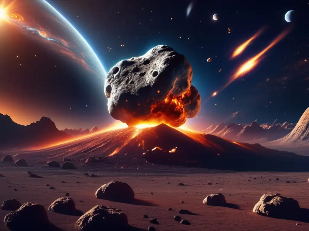 Impacto de asteroide en la Tierra: escena ultradetallada de un asteroide masivo acercándose a nuestro planeta, con el universo como telón de fondo estrellado