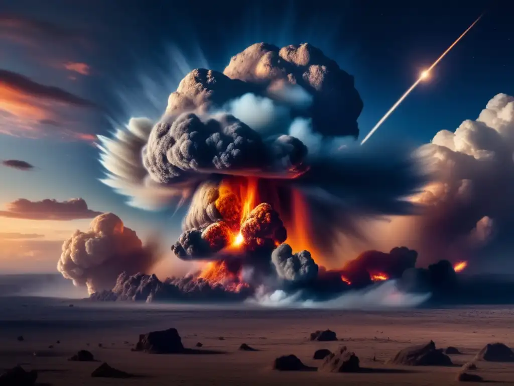 Impacto de asteroide en la Tierra: escena caótica con explosión, humo, cráter, daños y mina de asteroides