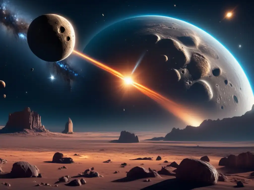 Impacto asteroide en la tierra: imagen celestial con asteroide centauro rocoso y helado, cometa, colores vibrantes, misterios y recursos