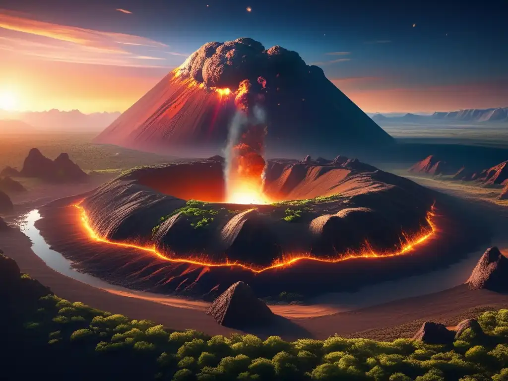 Impacto de asteroide en la Tierra: paisaje deslumbrante con montañas, vegetación exuberante y un cráter masivo