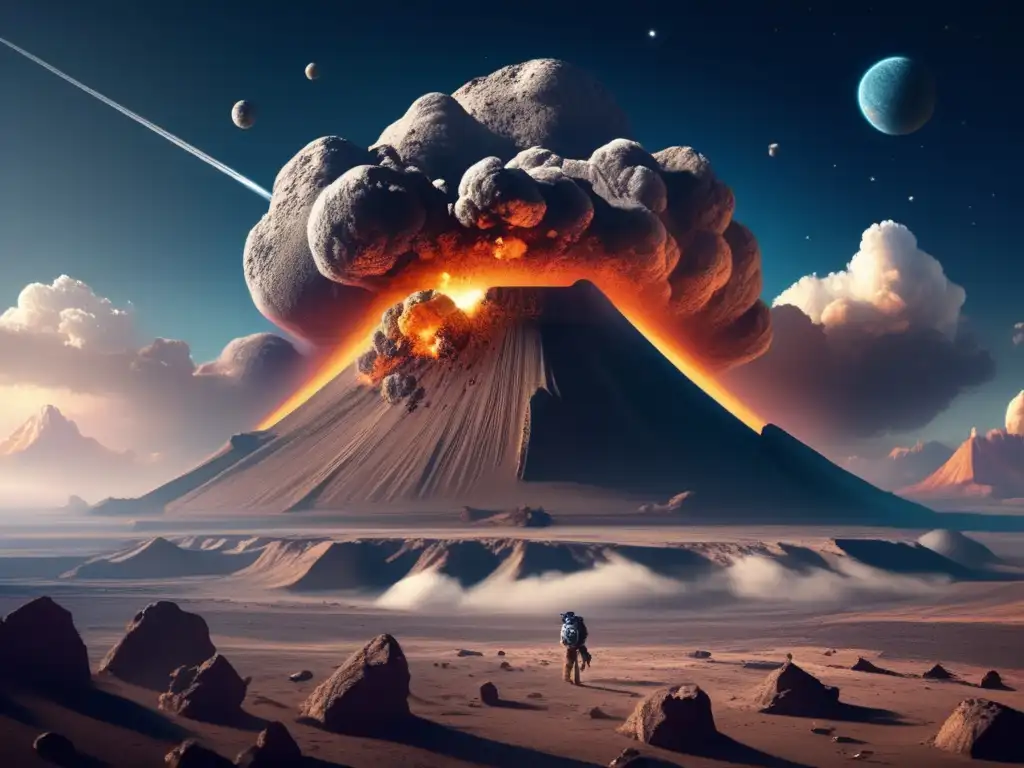 Impacto de asteroide en la Tierra: paisaje devastado y detallado con cráter masivo, rocas rotas, nubes de polvo