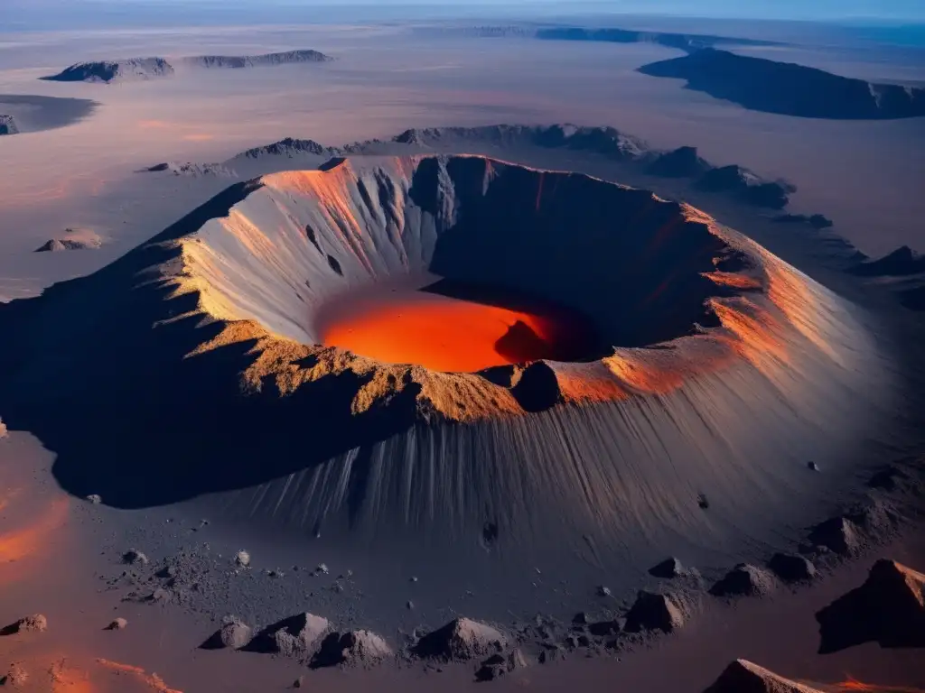 Impacto de asteroide tipo C: Vista impresionante de un cráter gigante en la Tierra, rodeado de terreno accidentado y escombros