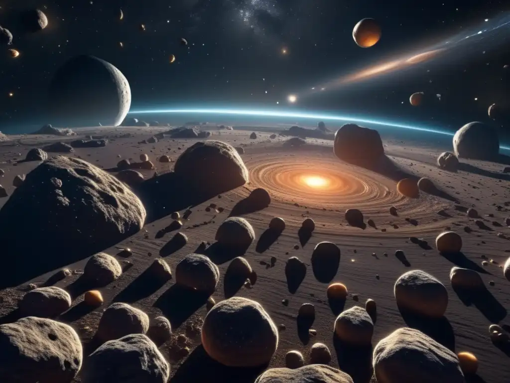 Impacto asteroides tierra armas nucleares - Vista asombrosa de un cinturón de asteroides en el espacio profundo, con detalles ultradetallados en 8k