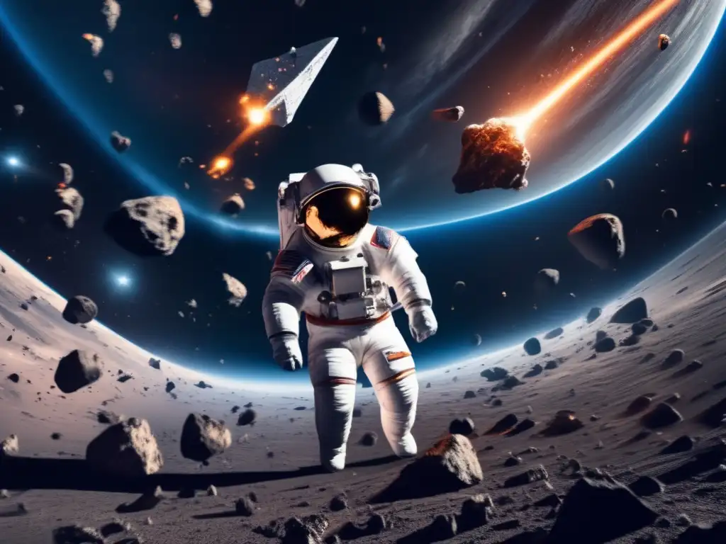 Impacto de asteroides en VR: Astronauta flota en el espacio, observando colisión de asteroides, con destellos y escombros
