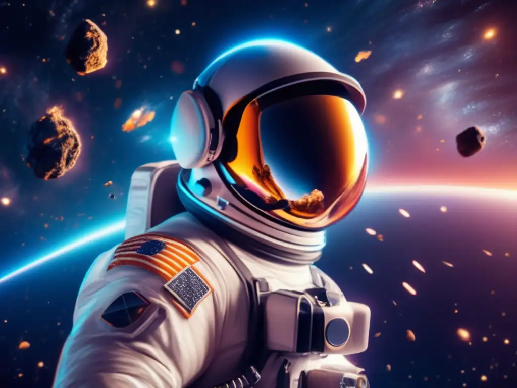 Impacto asteroides VR: astronauta flota en espacio rodeado de galaxia estelar, vive colisión asteroides, explosión de energía