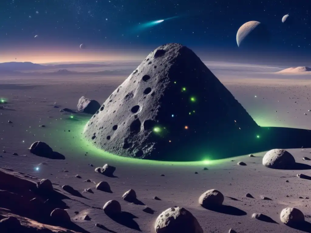 Impacto asteroides carbono espacio: mineros espaciales extraen recursos valiosos de un asteroide carbonoso rodeado de estrellas