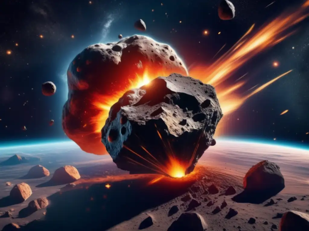 Impacto asteroides catástrofes climáticas: Asteroide 8k impactando la Tierra, con colores vibrantes y efectos de choque