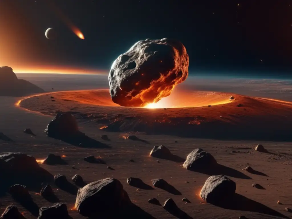 Impacto asteroides catástrofes climáticas: Vista impactante de un asteroide masivo en el espacio, con detalles ultradetallados en 8k