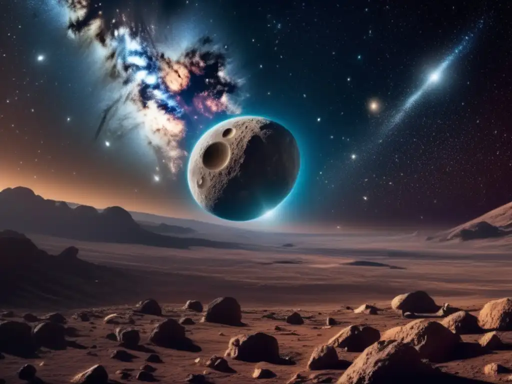 Impacto de asteroides en el cosmos: vista impresionante del espacio con asteroide colosal y estrellas luminosas