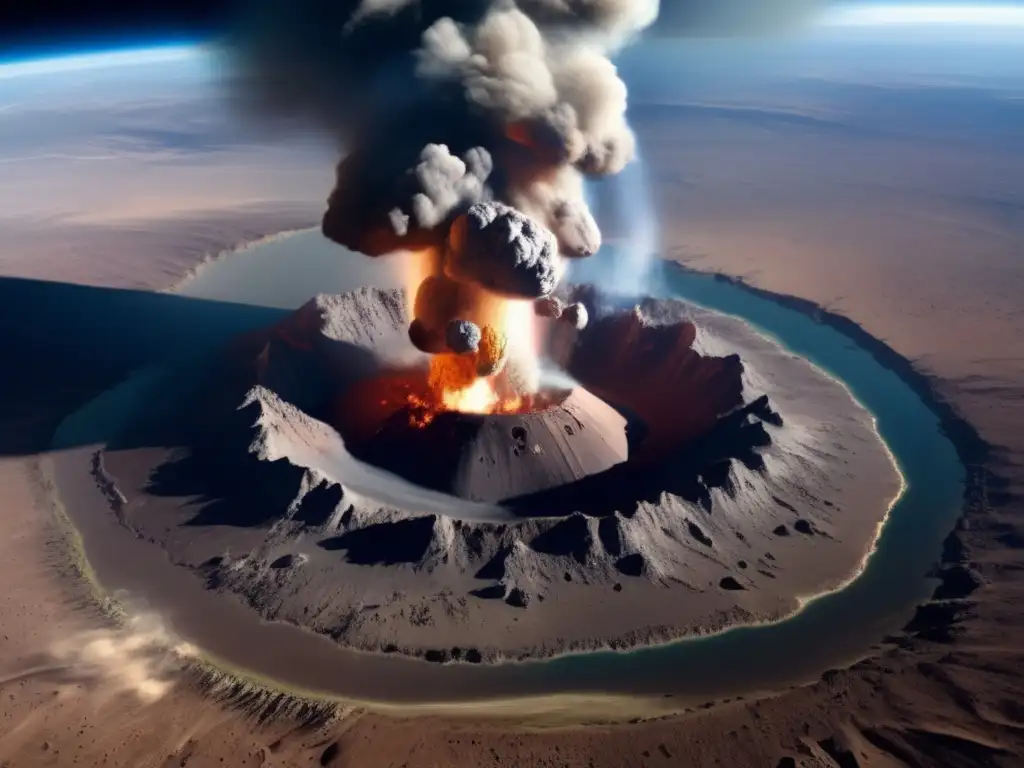 Impacto asteroides tierra transformación: Escena dramática de impacto de asteroide en la Tierra desde el espacio, con cráter central, humo, escombros y paisaje devastado