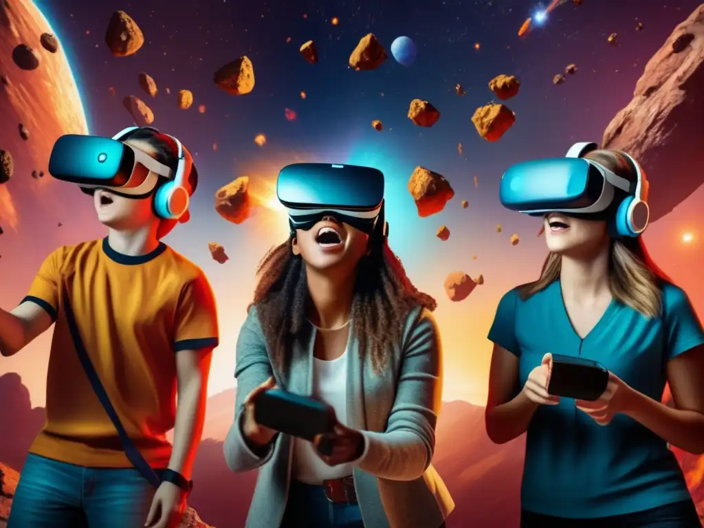 Impacto de asteroides en VR: estudiantes asombrados en un entorno virtual lleno de detalles, colores vibrantes y choque destructivo
