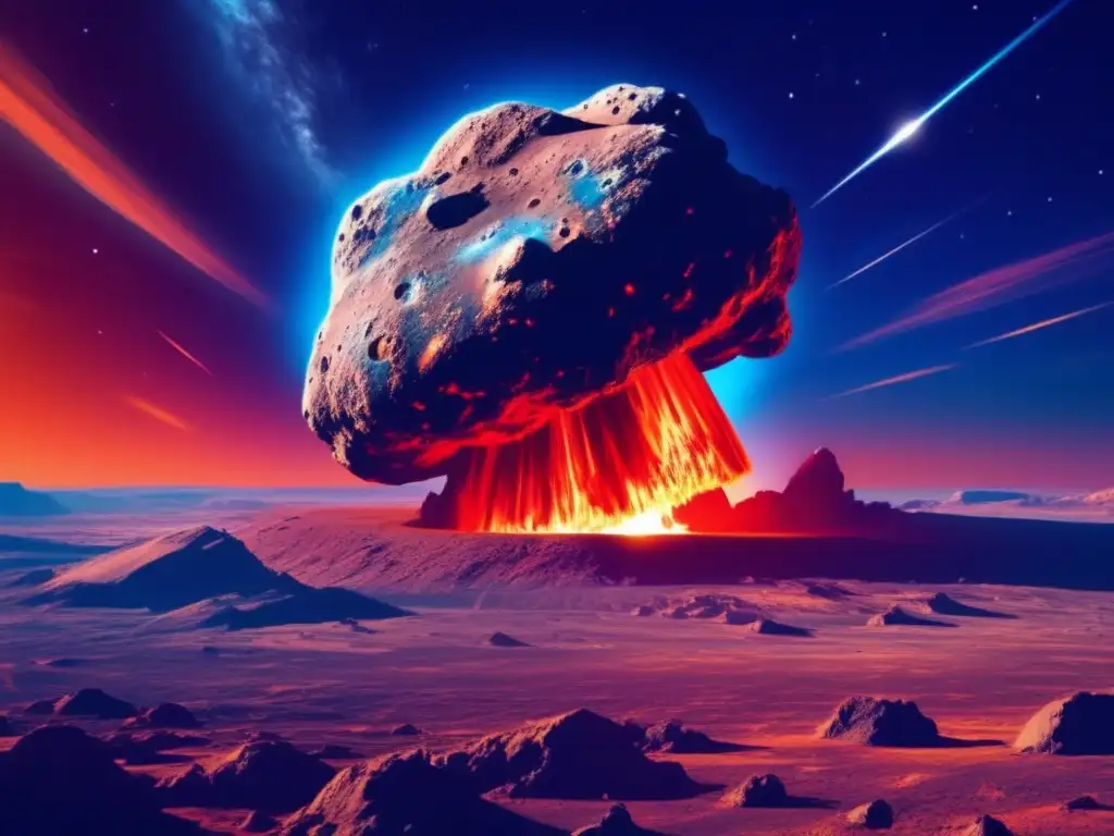 Impacto asteroides eventos extinción: asteroide amenazante hacia la Tierra, colores vibrantes y cráteres destacados