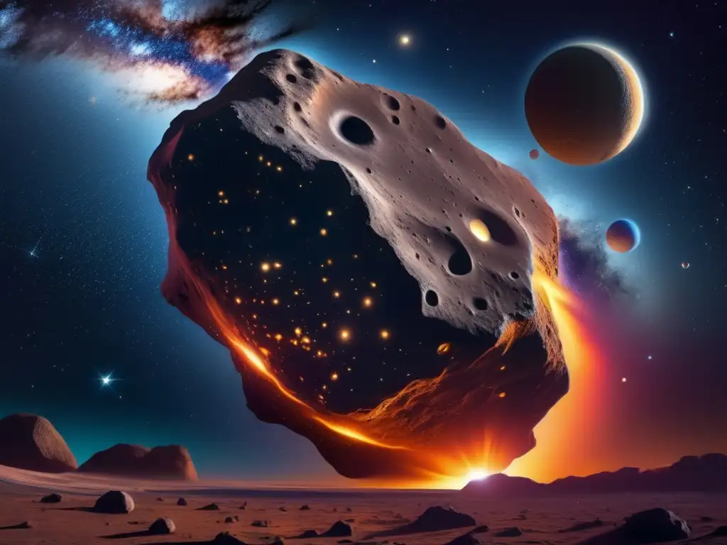 Impacto asteroides eventos extinción: Detallada imagen 8K muestra noche estrellada, asteroide y nebulosa