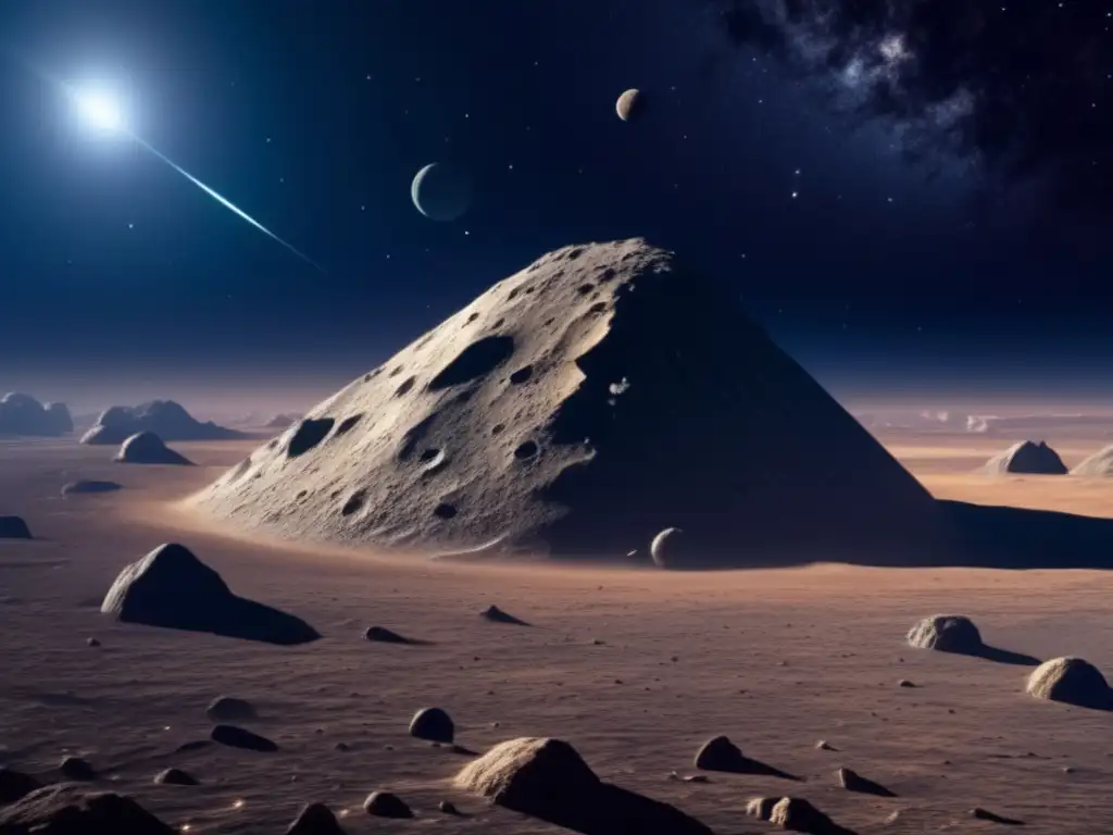 Impacto asteroides extinciones masivas: asteroide basáltico con texturas y patrones geológicos, iluminado por una estrella, en el espacio