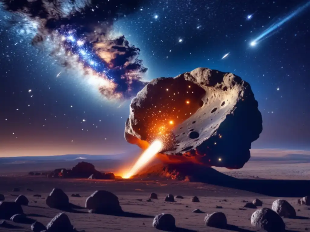 Impacto de asteroides en la historia: vista deslumbrante del cielo nocturno estrellado con un asteroide masivo y fragmentos en movimiento