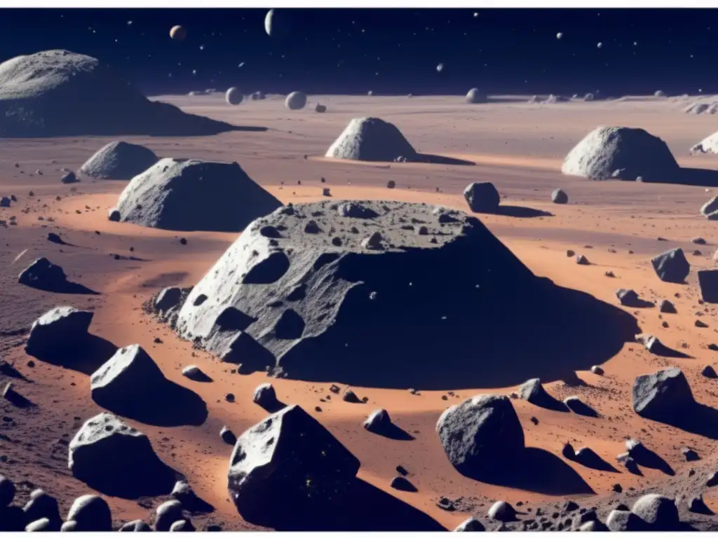 Impacto de asteroides en VR: imagen de campo de asteroides con minas y maquinaria de extracción